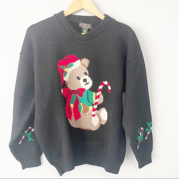 Charter Club vintage black wool Christmas holiday bear sweater size large - Picture 6 of 6